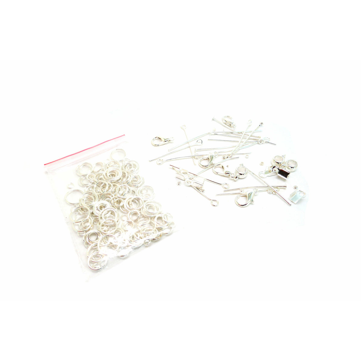 Silver Plated Findings Bag - Jump rings, Head/Eye Pins, Plus More Julz Beads 